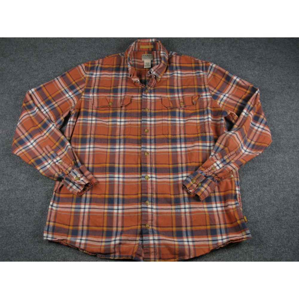 LL Bean Mens Plaid Button Down Shirt Orange‎ Hemp Cotton Blend L-Tall 524135